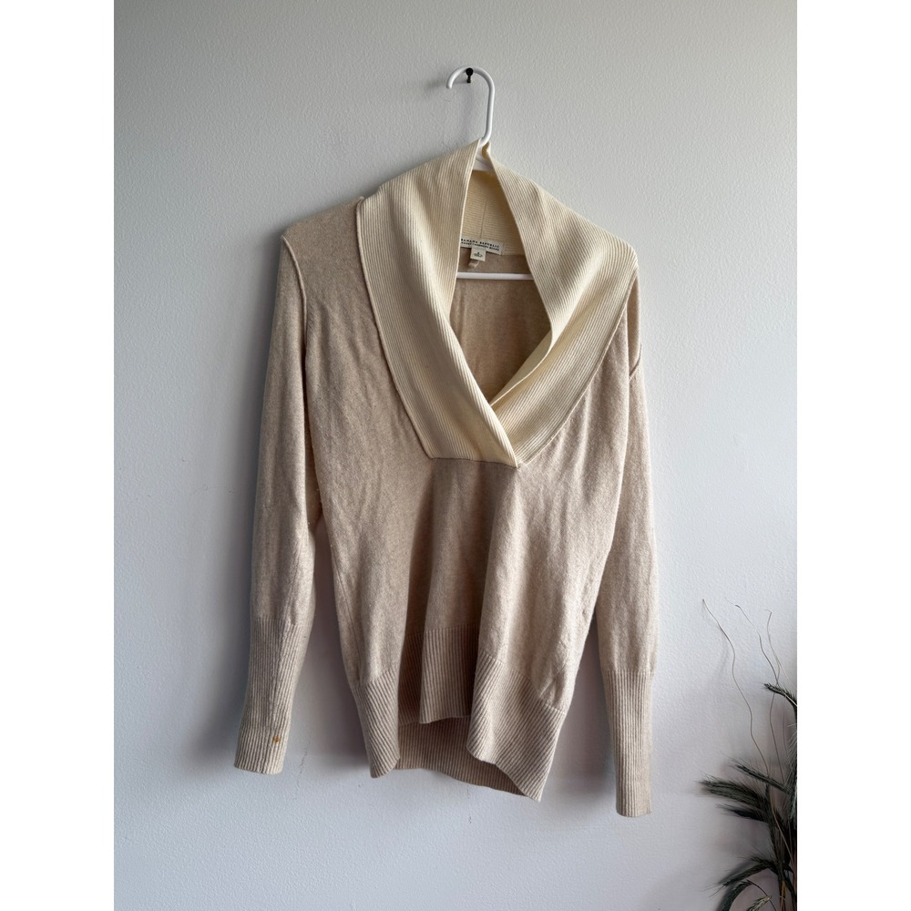 Banana Republic Cashmere Wool Blend Shawl Collar V-Neck Sweater Tan Cream Small